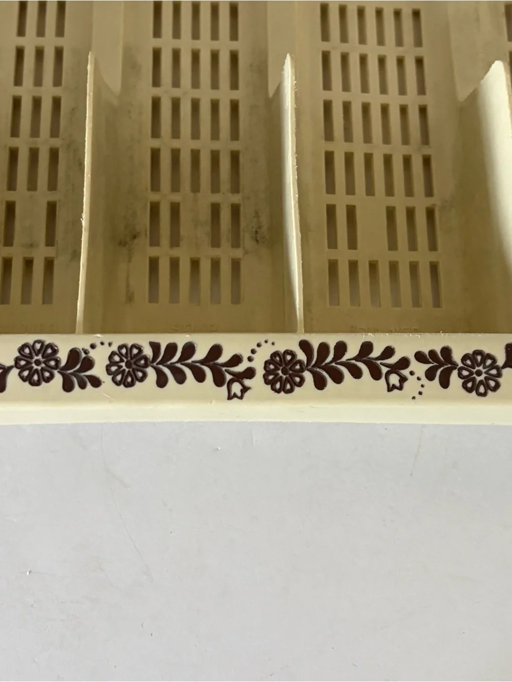 Vintage Silverware Flatware Drawer Organizer Tray Beige Floral Labeled 6 Section